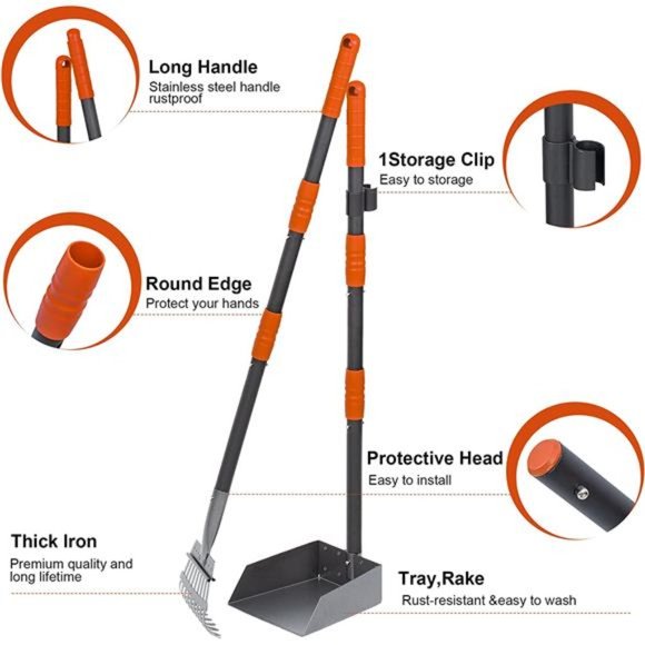 Pooper Scooper for Dog, Metal Poop Scooper Tray and Rake Set with Long Handle - Picture 3 of 7